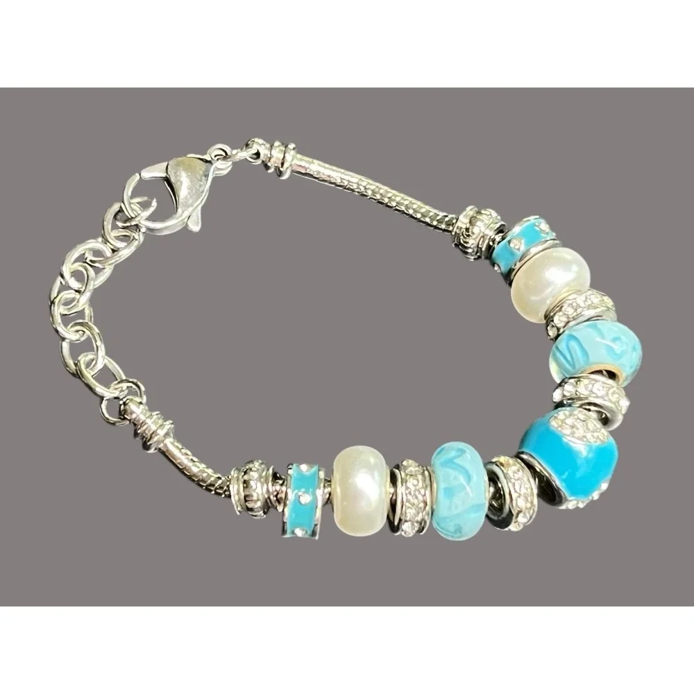 SILVER TONE Snake Chain Cable CHARM BRACELET Silver Tone LIGHT BLUE BEADS Glass